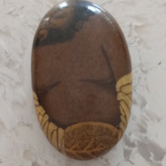 Orginal Hand Painted River Rock Indigenous Work of Stone Art Buffalo & Male Face - Picture 1 of 6